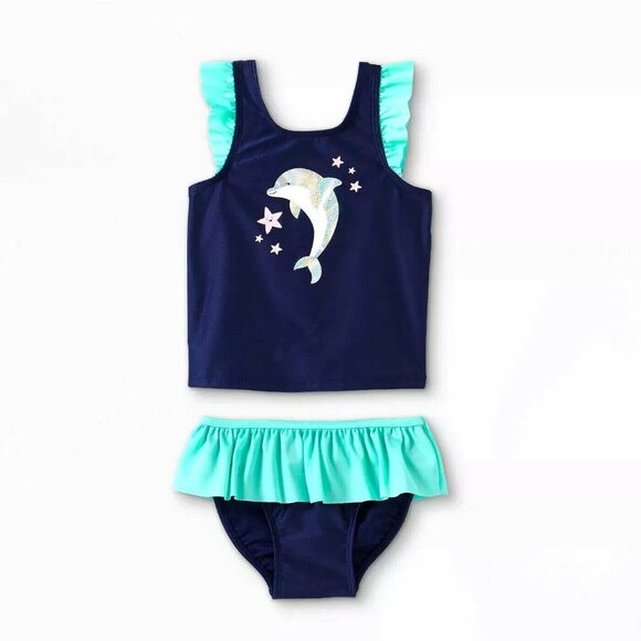 Cat & Jack Other - Cat & Jack 2 pc Tankini Swimsuit Dolphin Graphic Girls Size 18 Month Blue NEW